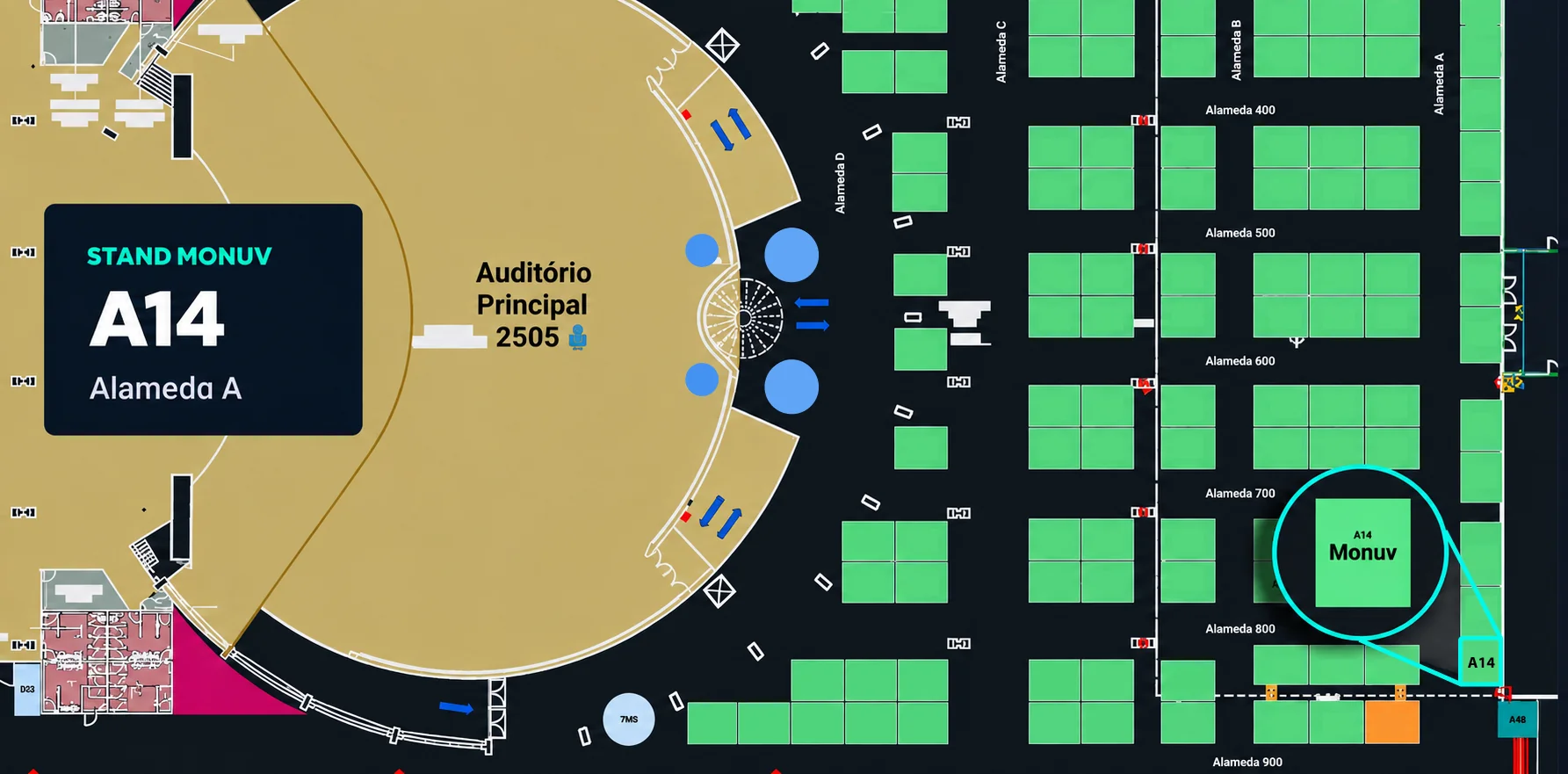 Planta do SegSummit 2026 com o Estande A14 da Monuv destacado na Alameda A